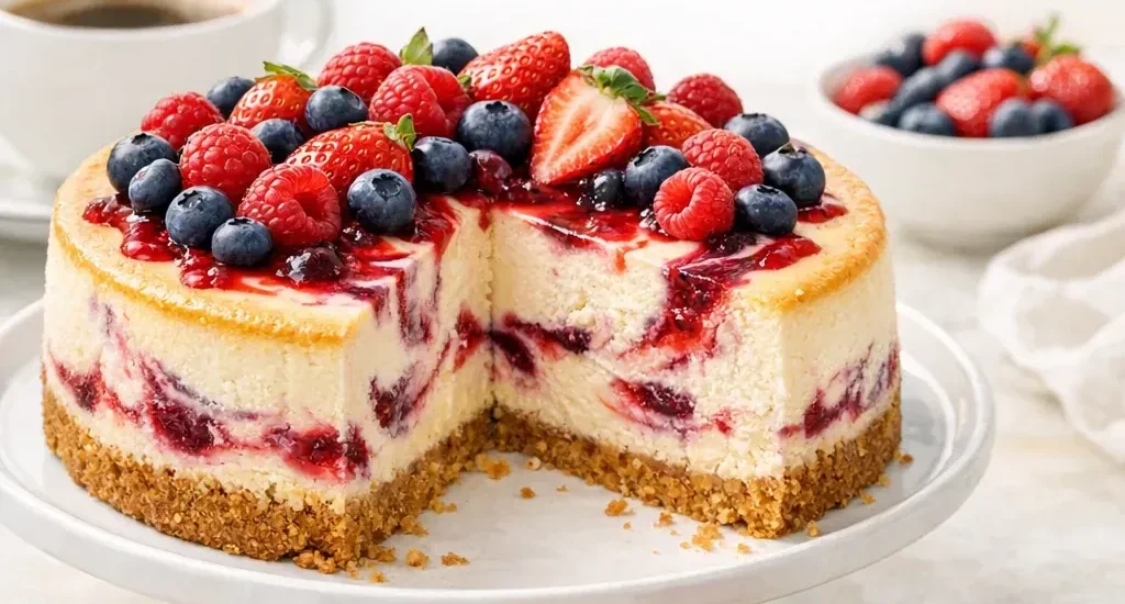 Triple-Berry-Cheesecake mit Beerenwirbeln