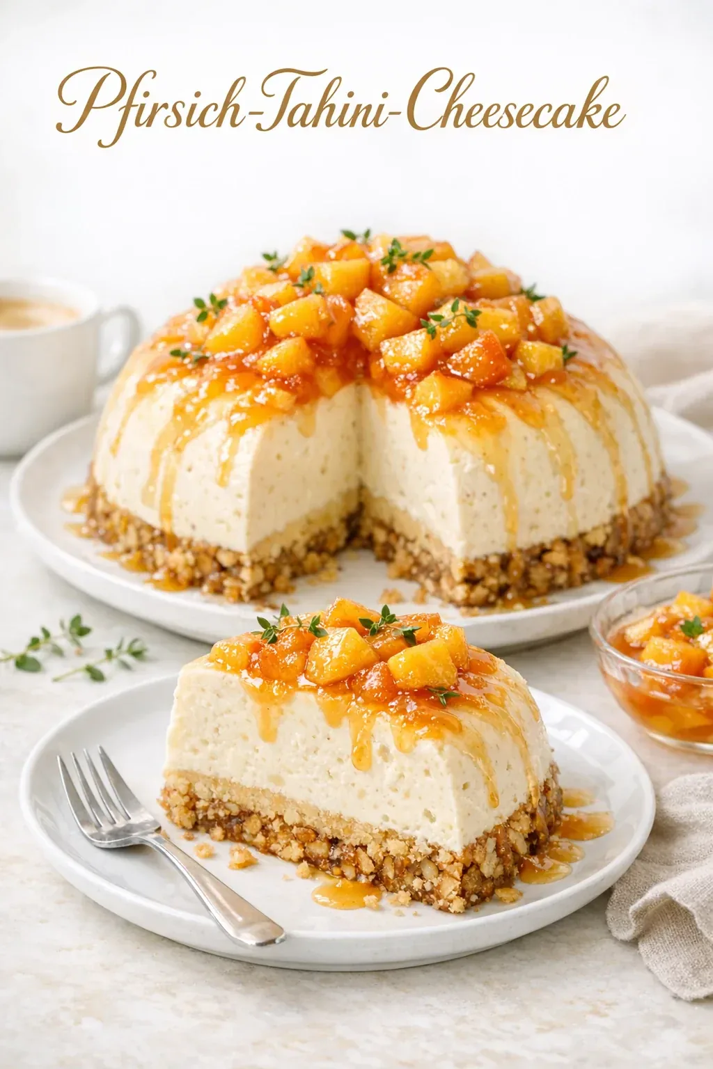 Pfirsich-Tahini-Cheesecake ohne Backen mit Baklava-Boden