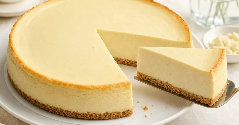 Gebackener White Chocolate Cheesecake mit knusprigem Keksboden