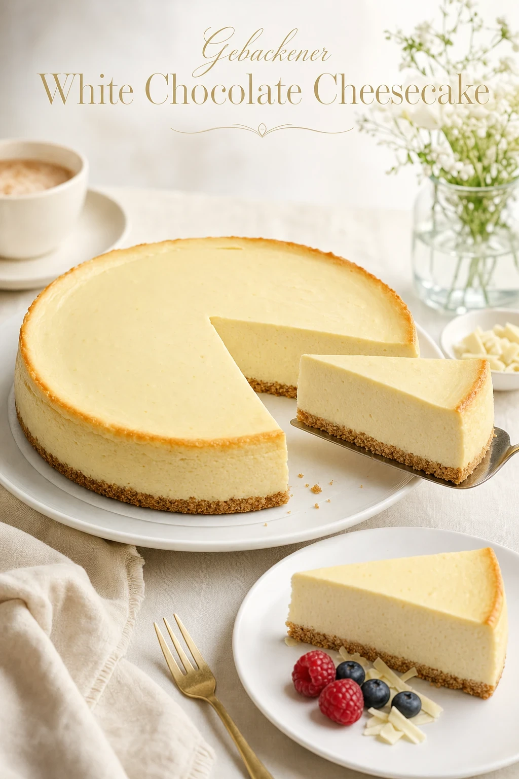 Gebackener White Chocolate Cheesecake mit knusprigem Keksboden