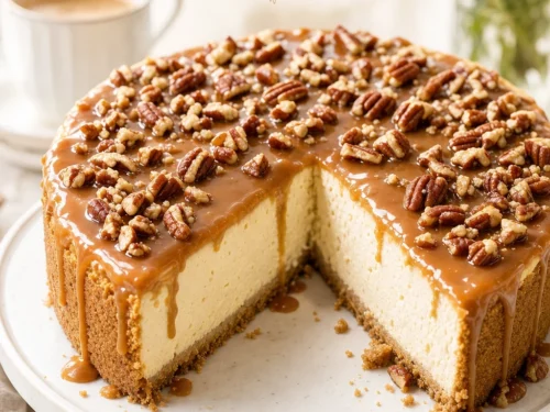 Hoher Instant-Pot-Salted-Caramel-Cheesecake mit cremiger Vanillefüllung, glänzendem Salzkaramell und gehackten Pekannüssen auf einer Tortenplatte.