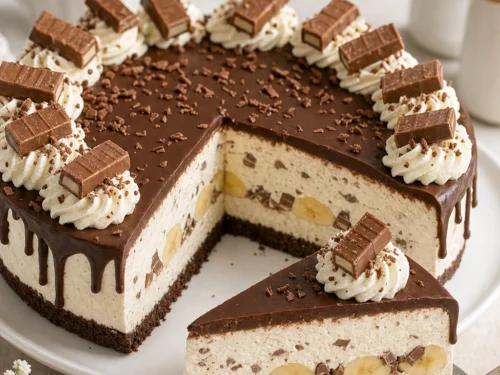 Kinder-Riegel-Bananen-Cheesecake mit Schokokeksboden, Bananenschicht, glänzender Schokoladenglasur, Sahnetupfen und Kinder-Riegel-Stücken auf einer Tortenplatte.